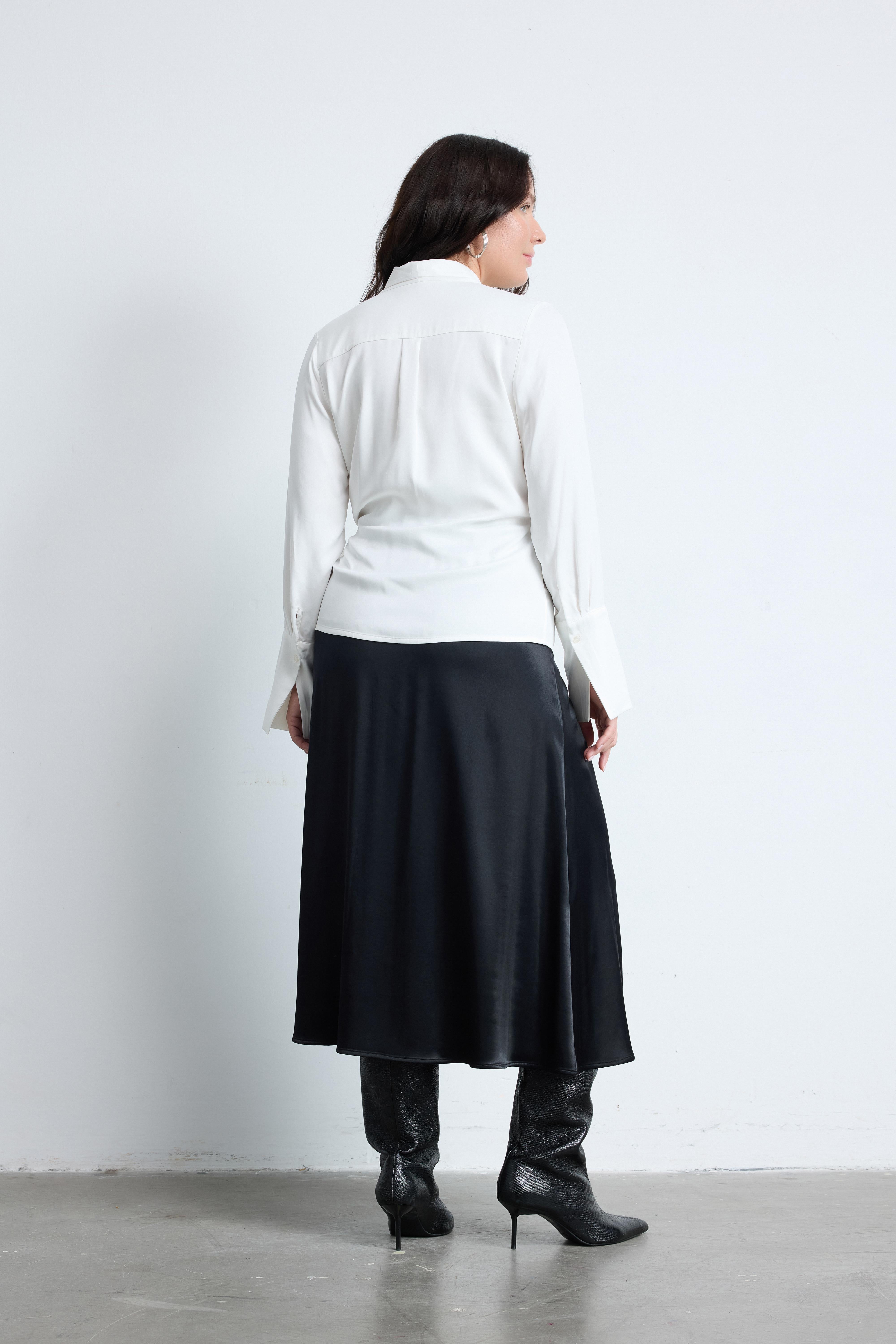 AMY Dökümlü Büyük Beden Saten Bluz Krem | Luokk