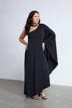 AUSTEN Tek Omuz Asimetrik Büyük Beden Elbise Siyah | Luokk