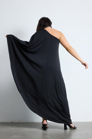 AUSTEN Tek Omuz Asimetrik Büyük Beden Elbise Siyah | Luokk