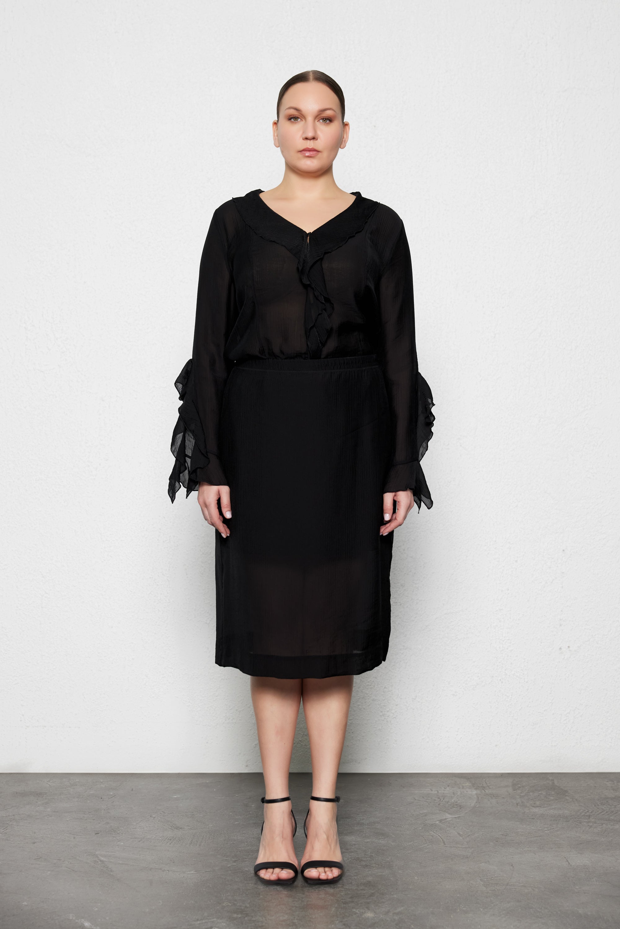 BEYOND Plus Size Semi-Sheer Black Midi Skirt