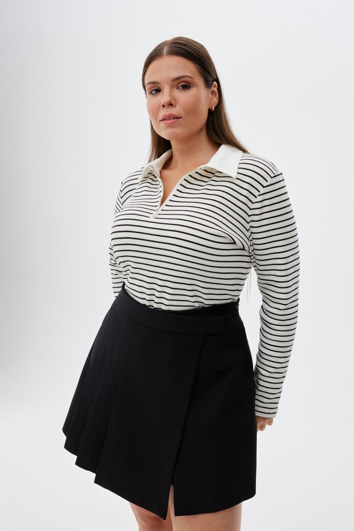 BLISS Polo Yaka Kaşkorse Pamuklu Büyük Beden Çizgili Bluz Siyah-Ekru | Luokk