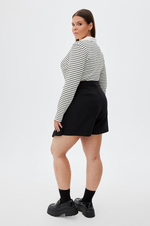 BLISS Polo Yaka Kaşkorse Pamuklu Büyük Beden Çizgili Bluz Siyah-Ekru | Luokk