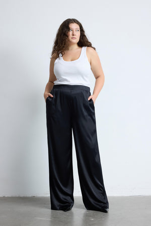 BRITTANY Geniş Paça Büyük Beden Saten Pantolon Siyah | Luokk