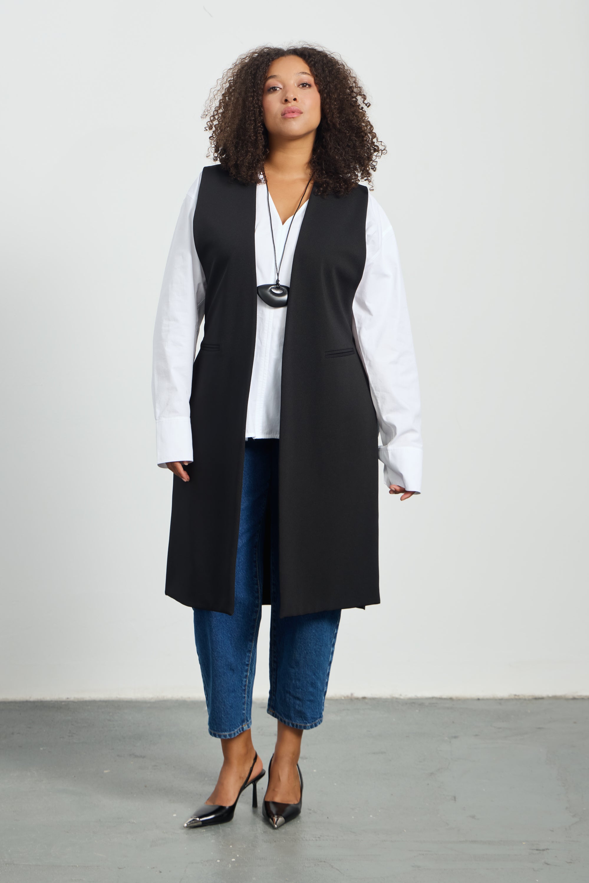 CINDY Büyün Beden Uzun Yelek Siyah