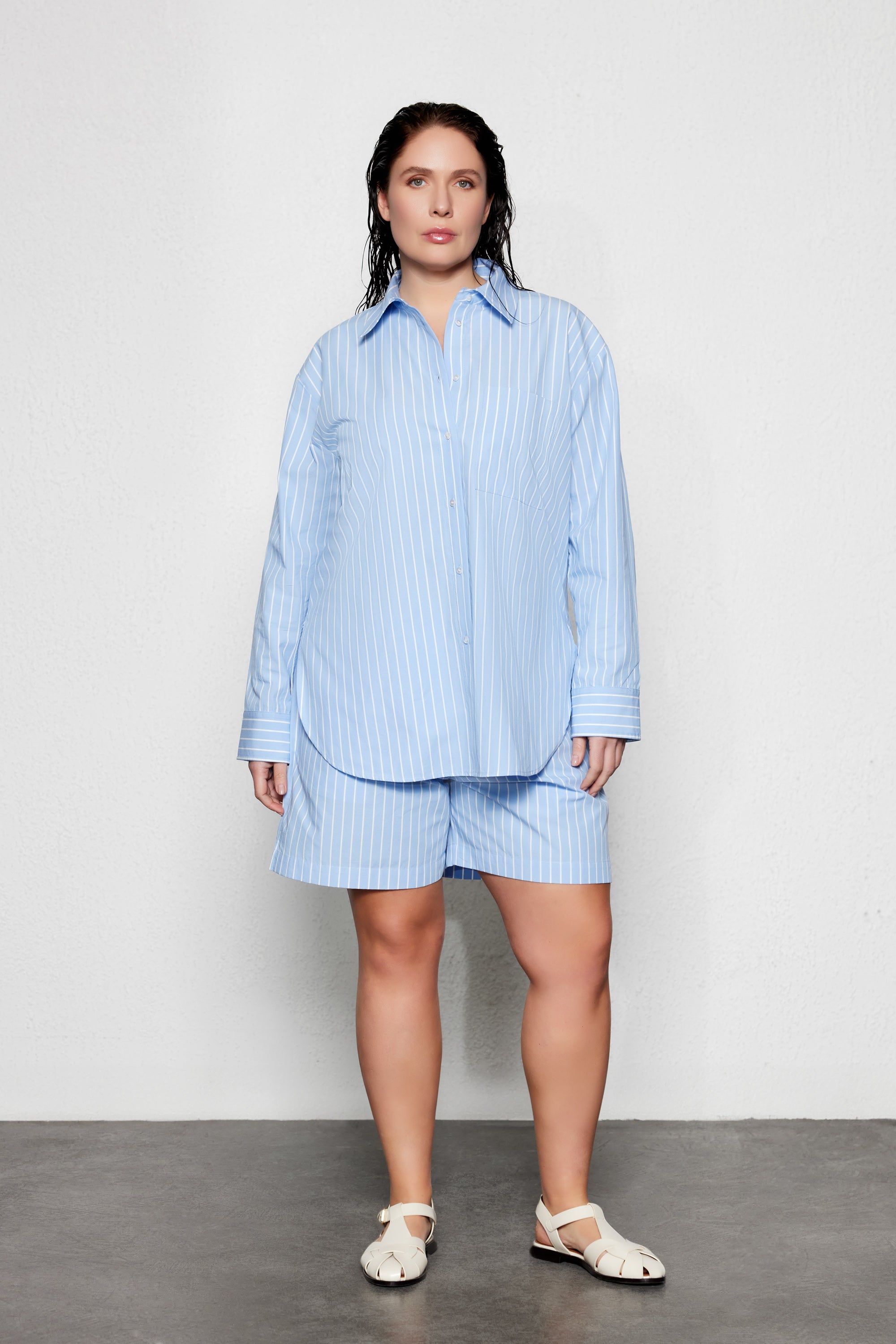 CLAINE Plus Size Striped Poplin Shirt