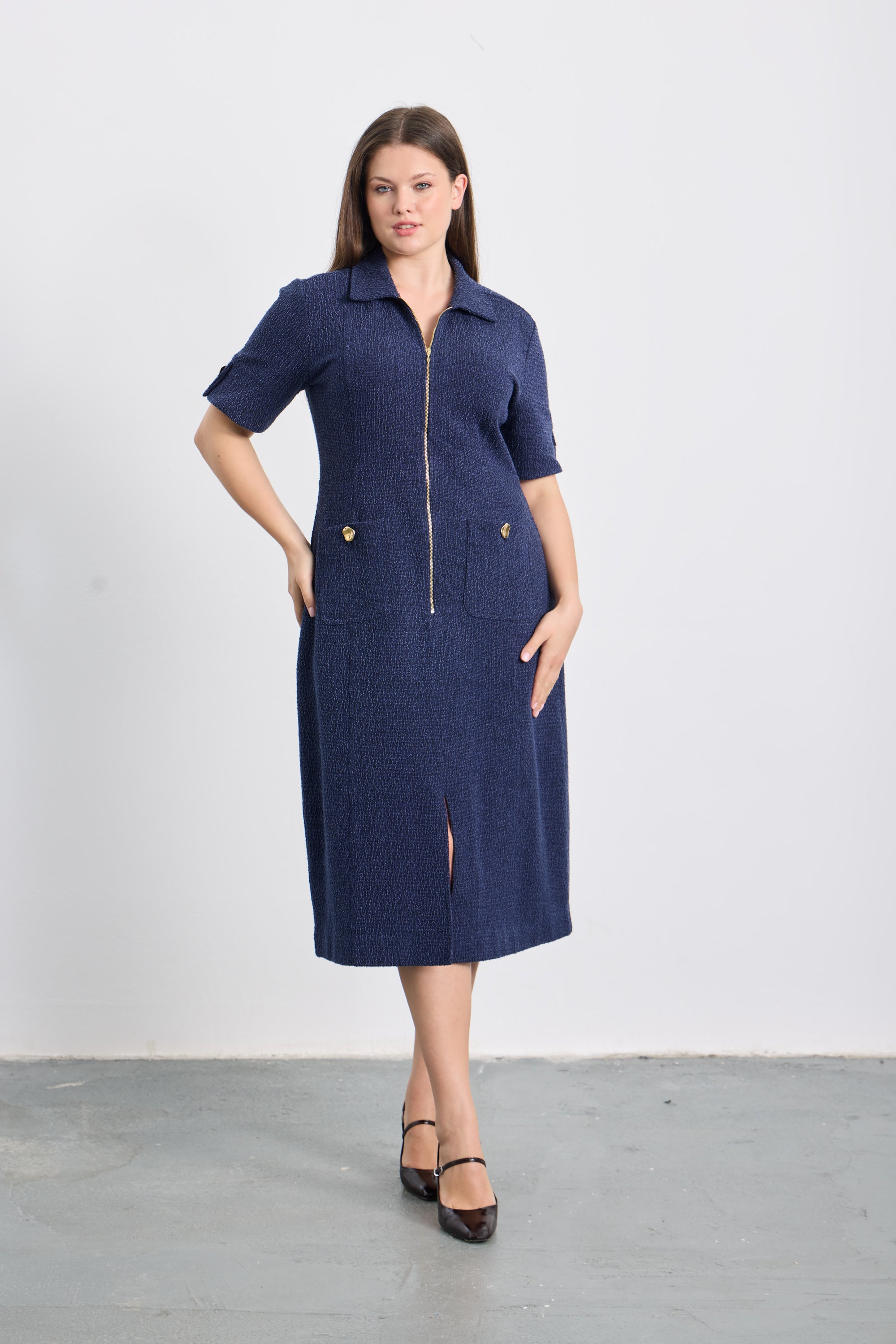 CYLMA Dokulu Midi Elbise Mavi