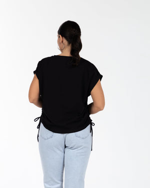 DARIA Bisiklet Yaka Yandan Büzgülü Pamuklu Büyük Beden T-shirt Siyah | Luokk