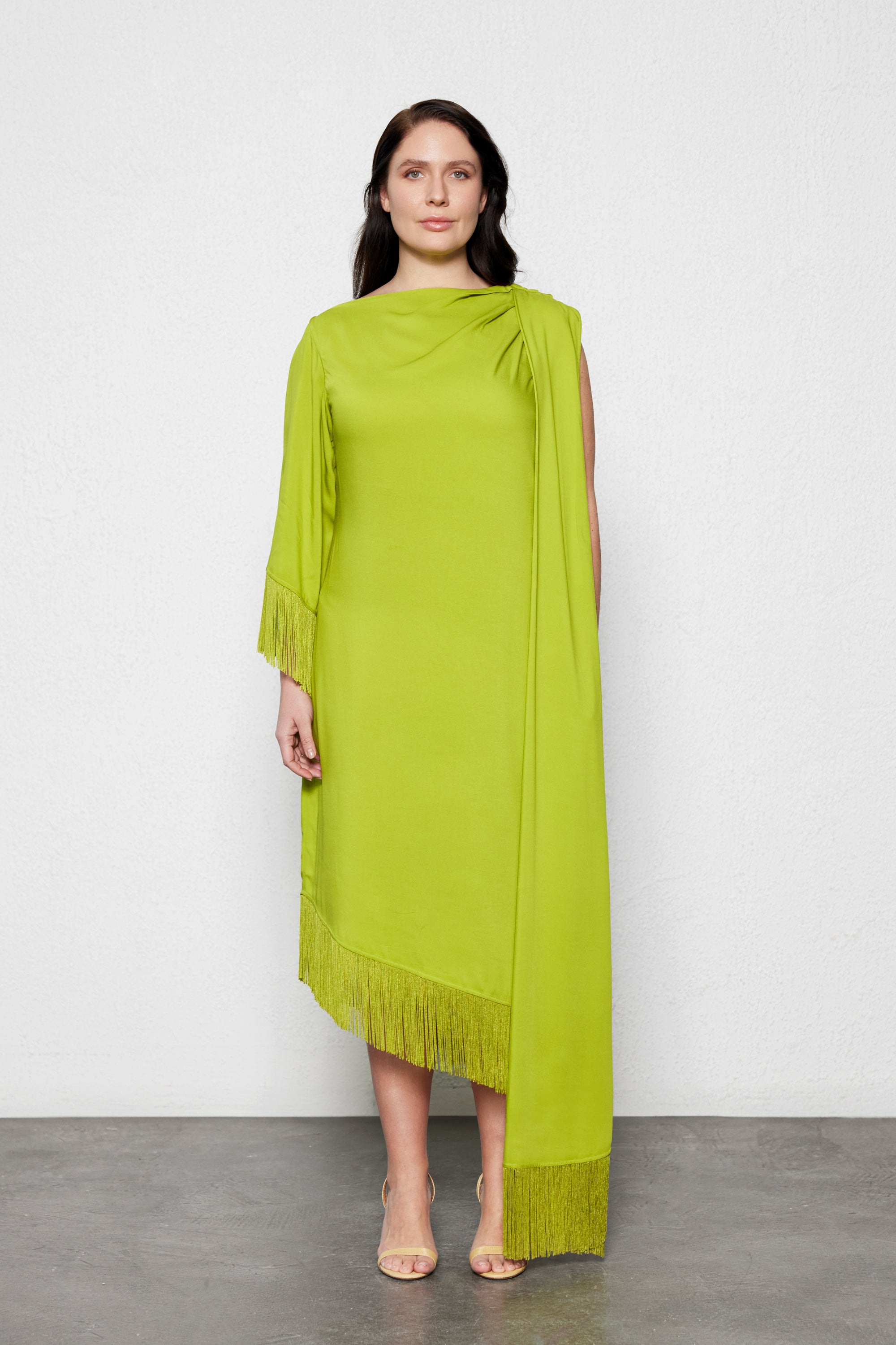 yeşil şal yaka elbise