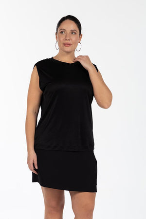 DOLLY Bisiklet Yaka Düşük Omuzlu Büyük Beden Kolsuz Parlak T-shirt Siyah | Luokk