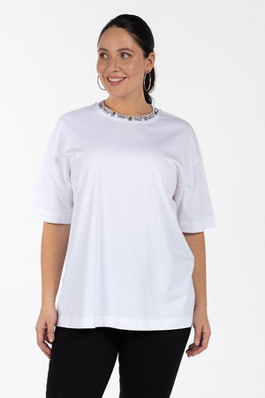 DORY Bisiklet Yaka Yakası Taşlı %100 Organik Pamuk Büyük Beden T-shirt Beyaz | Luokk