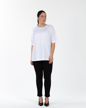 DORY Bisiklet Yaka Yakası Taşlı %100 Organik Pamuk Büyük Beden T-shirt Beyaz | Luokk