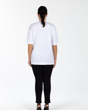 DORY Bisiklet Yaka Yakası Taşlı %100 Organik Pamuk Büyük Beden T-shirt Beyaz | Luokk