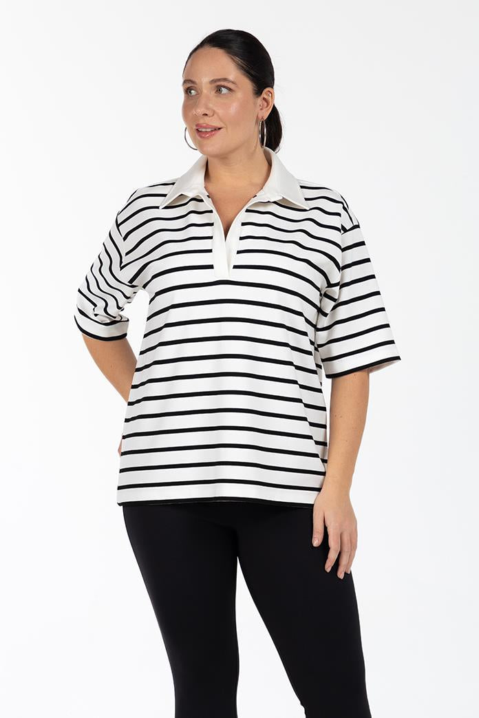 EDITH Polo Yaka Büyük Beden Siyah Çizgili T-shirt Ekru-Siyah | Luokk