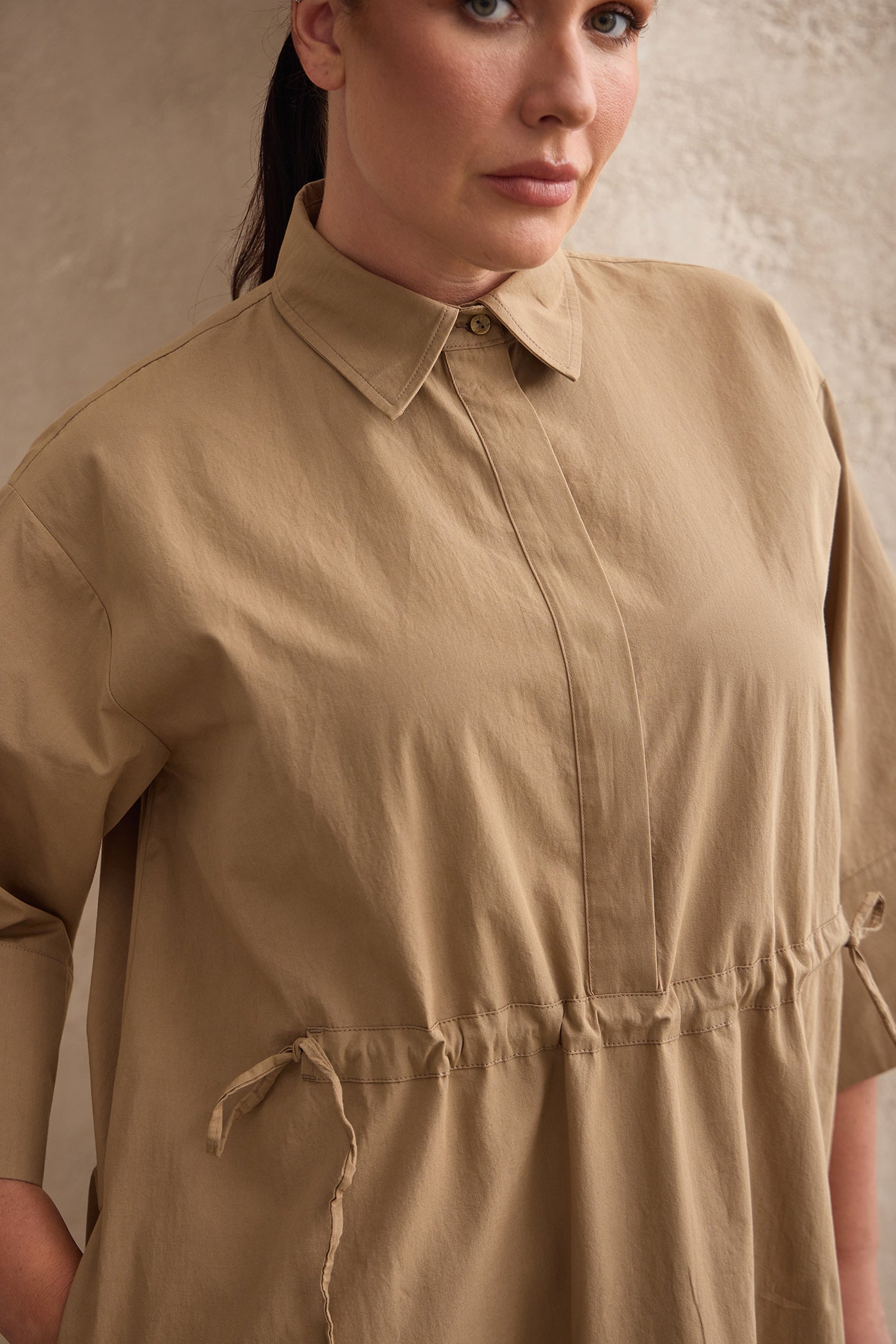 ELANOR Bağcıklı Poplin Uzun Elbise Camel