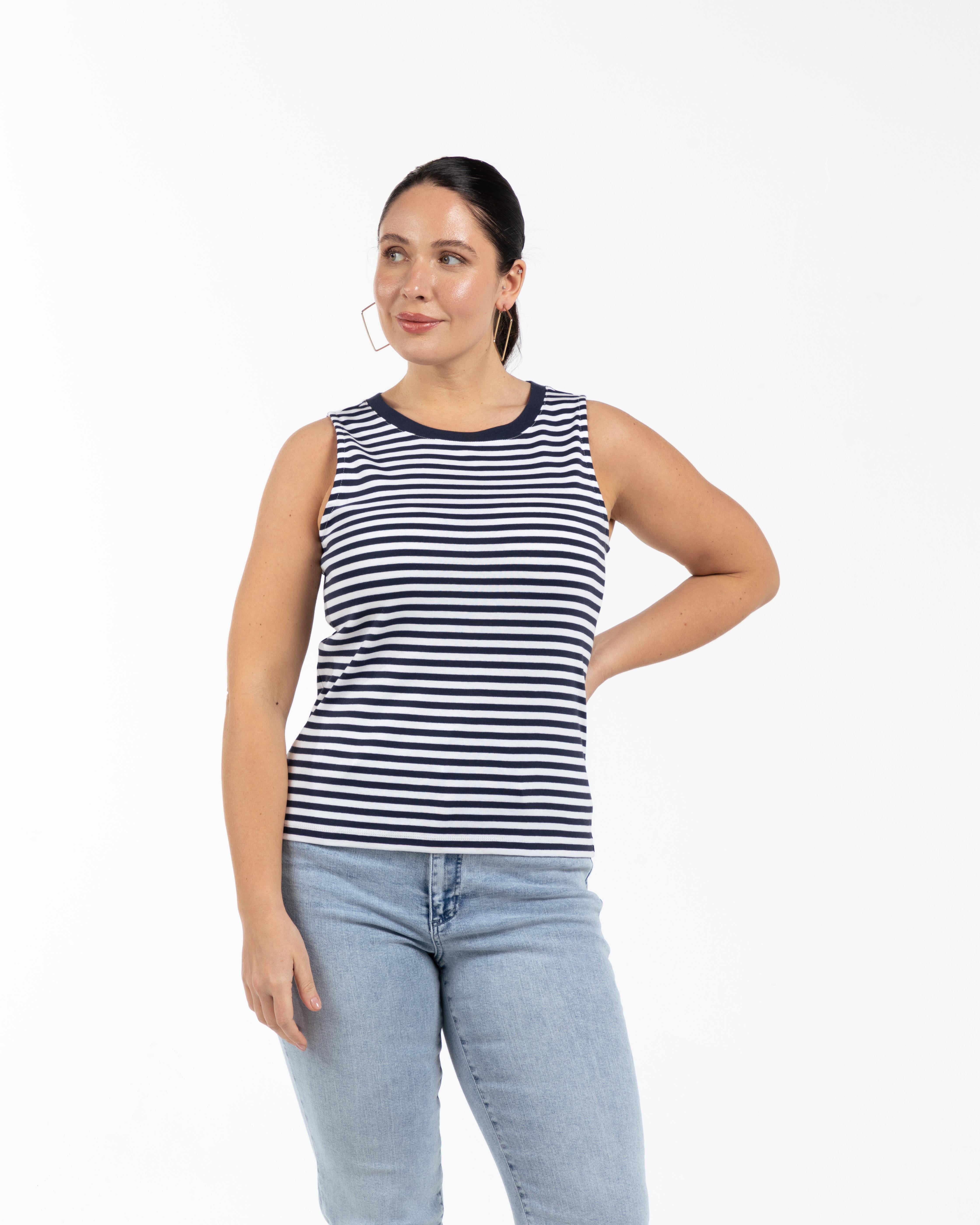ELLIE Bisiklet Yaka %100 Pamuk Büyük Beden Kolsuz Çizgili Atlet Lacivert | Luokk