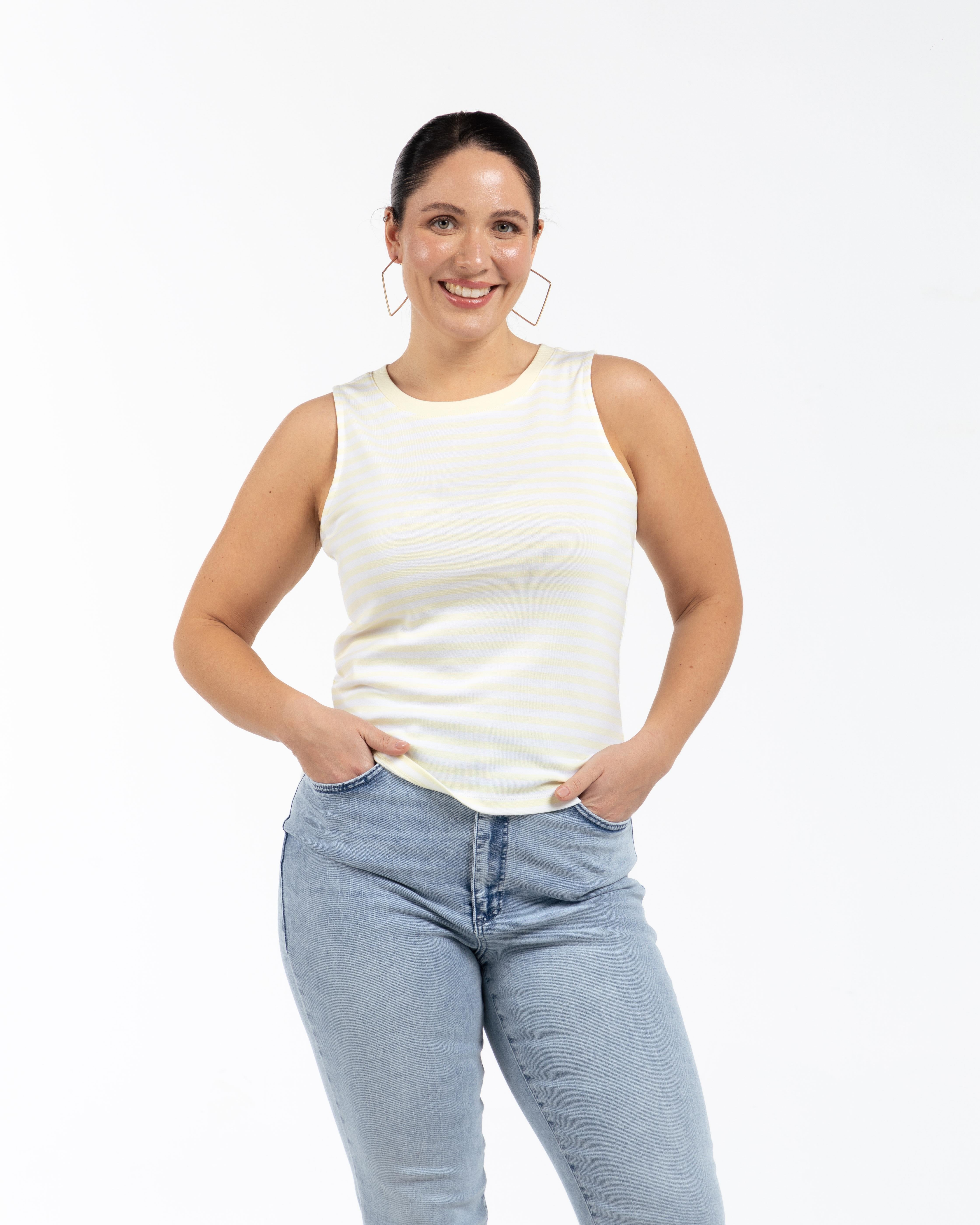 ELLIE Bisiklet Yaka %100 Pamuk Büyük Beden Kolsuz Çizgili Atlet Sarı | Luokk