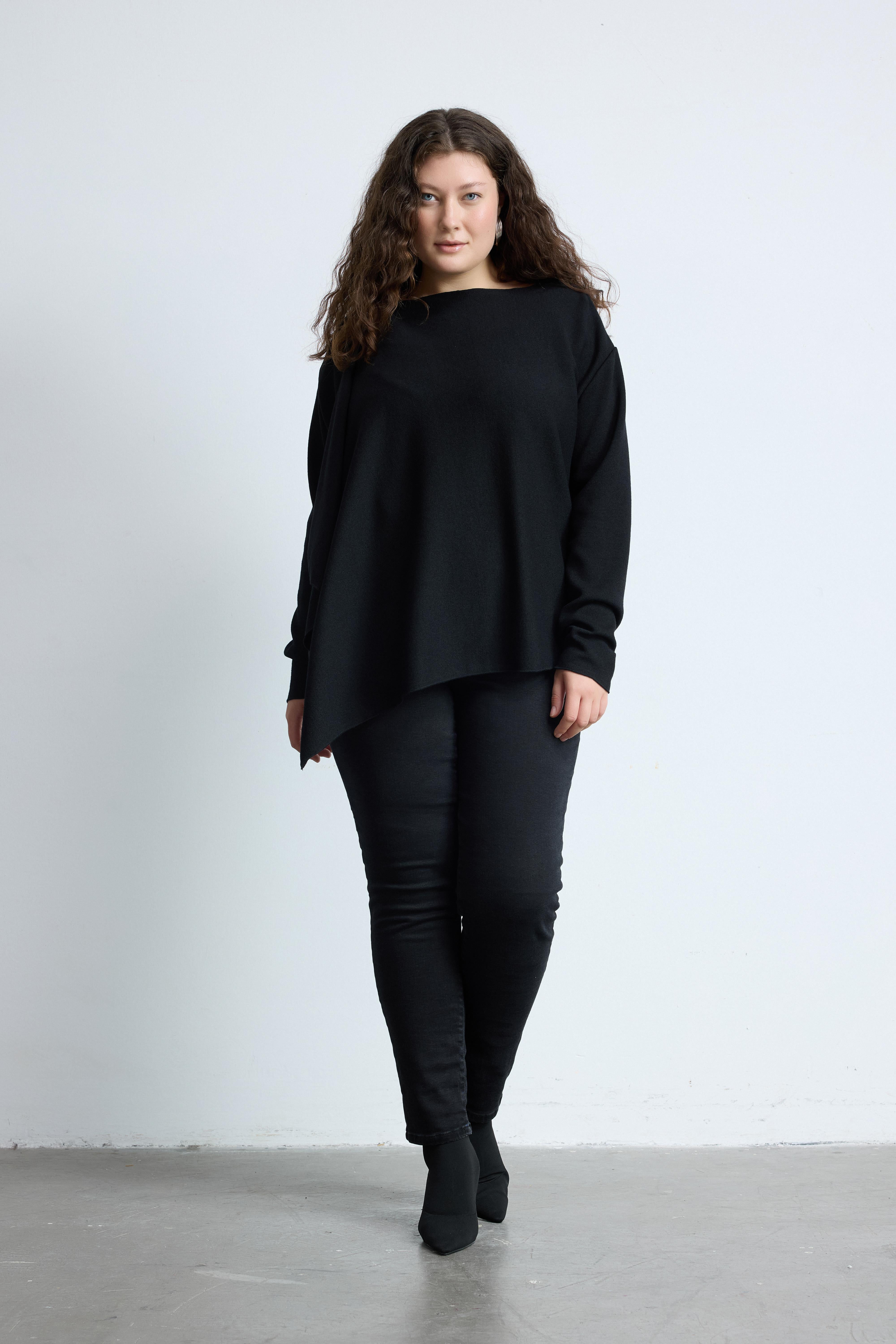 ENA Uzun Kollu Büyük Beden Triko Şal Kazak Siyah | Luokk