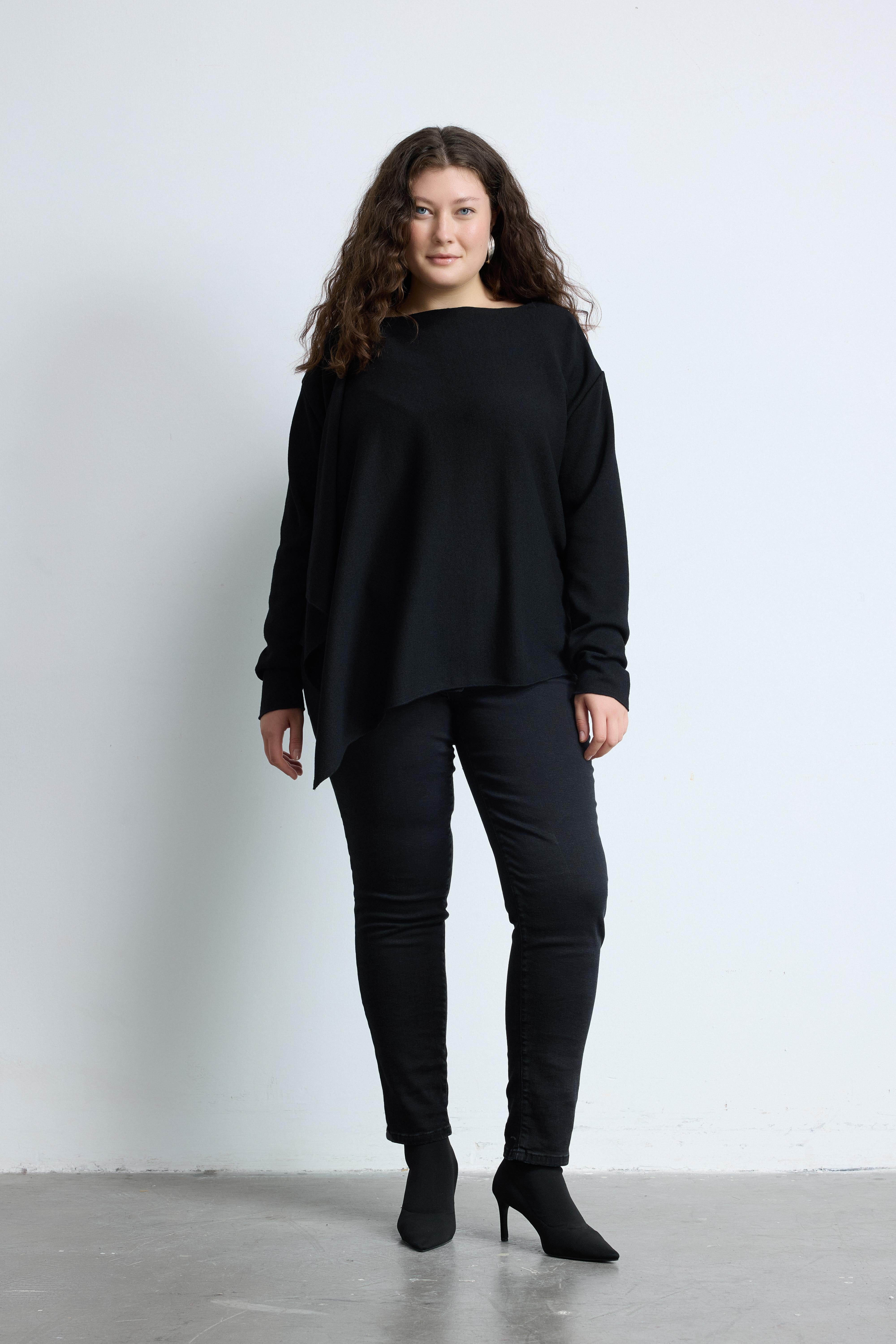 ENA Uzun Kollu Büyük Beden Triko Şal Kazak Siyah | Luokk