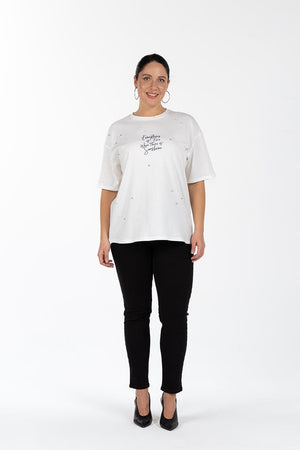 ETHAN Bisiklet Yaka Taş Detaylı %100 Organik Pamuk Baskılı Büyük Beden T-shirt Ekru | Luokk