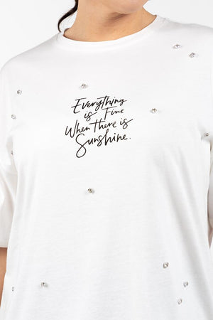 ETHAN Bisiklet Yaka Taş Detaylı %100 Organik Pamuk Baskılı Büyük Beden T-shirt Ekru | Luokk