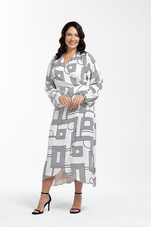 FENIX Önden Bağlamalı Desenli Uzun Kollu Büyük Beden Midi Boy Kruvaze Elbise Desenli | Luokk
