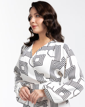 FENIX Önden Bağlamalı Desenli Uzun Kollu Büyük Beden Midi Boy Kruvaze Elbise Desenli | Luokk