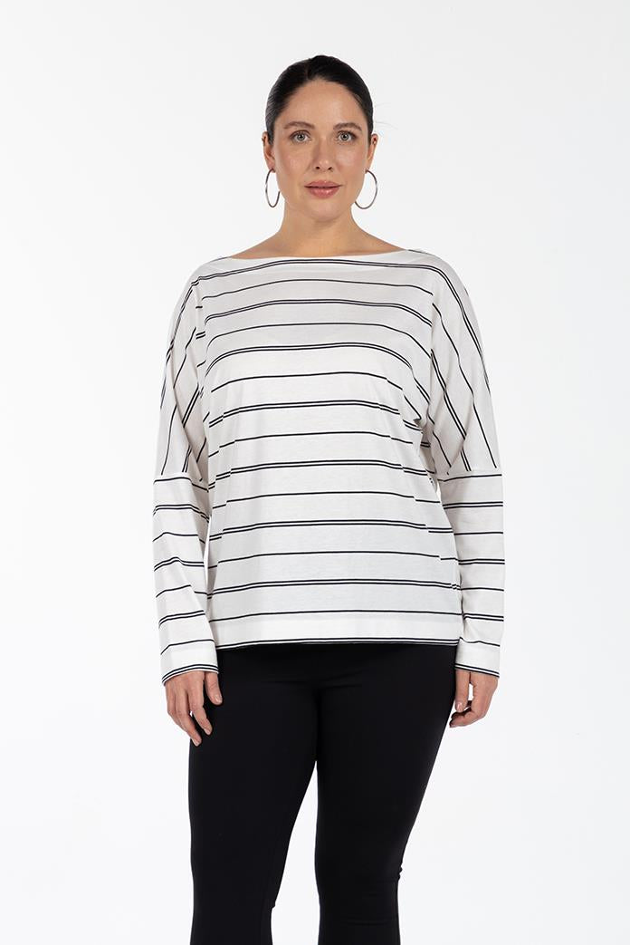 FIONA Kayık Yaka Uzun Kollu Pamuklu Büyük Beden Çizgili Bluz Siyah-Beyaz | Luokk