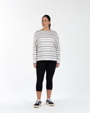 FIONA Kayık Yaka Uzun Kollu Pamuklu Büyük Beden Çizgili Bluz Siyah-Beyaz | Luokk