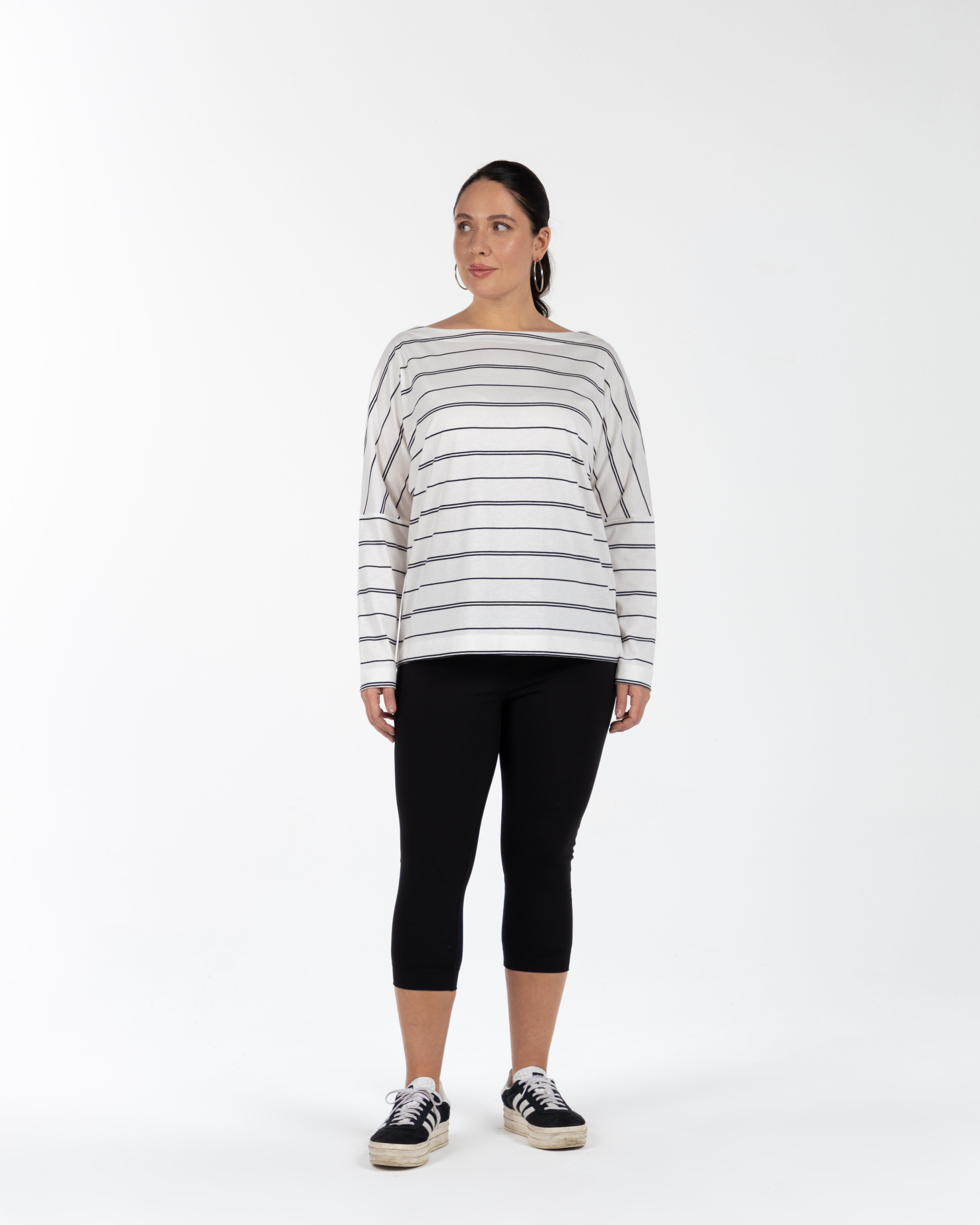 FIONA Kayık Yaka Uzun Kollu Pamuklu Büyük Beden Çizgili Bluz Siyah-Beyaz | Luokk