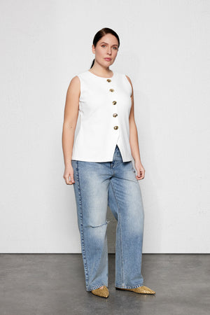 FLACE Büyük Beden Gold Düğmeli Yelek Beyaz | Luokk