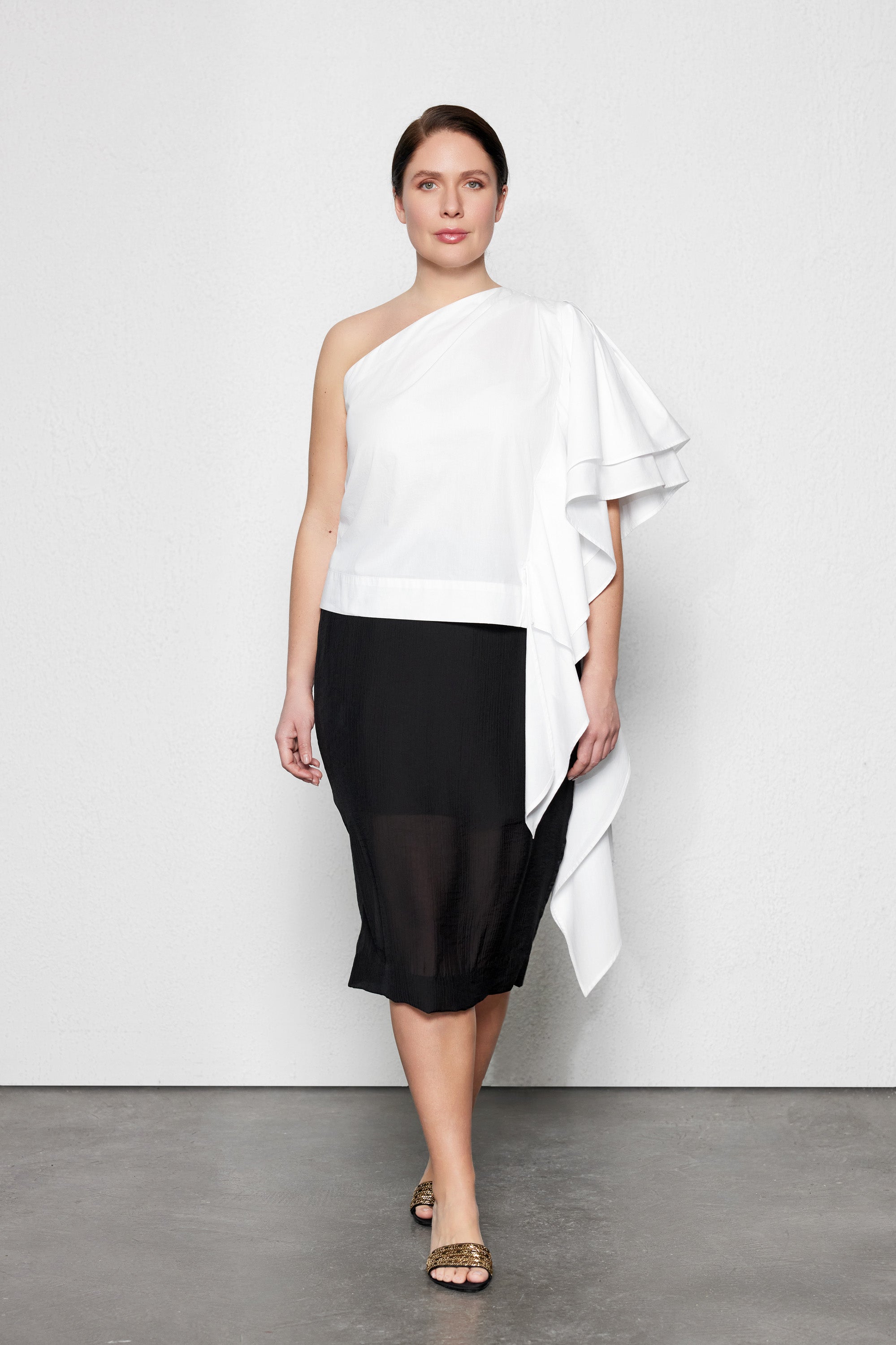 FLAME Büyük Beden Tek Kollu Bluz Beyaz