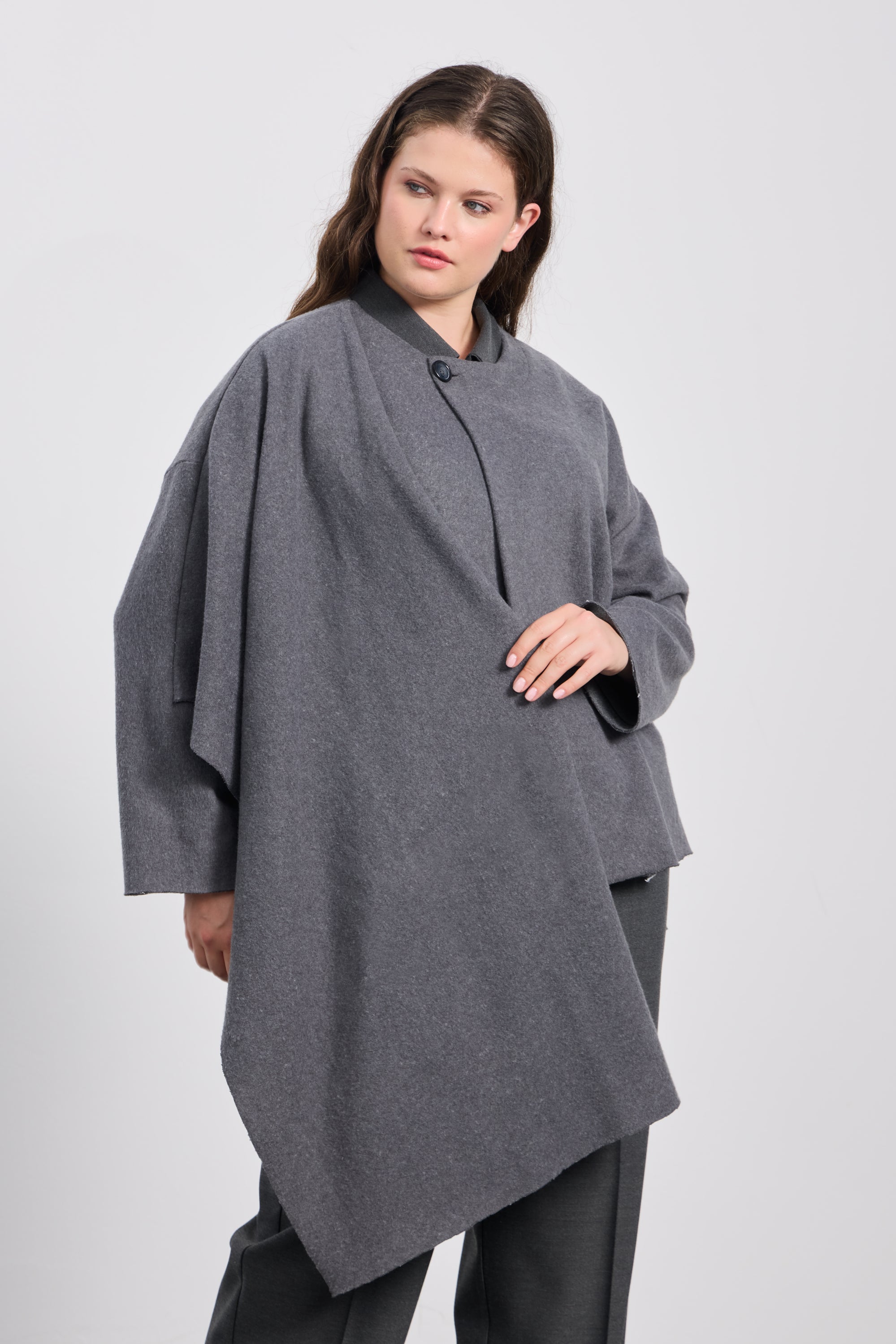 FLIP Yuvarlak Yaka Şal Detaylı Düğmeli Pamuklu Uzun Kollu Büyük Beden Kısa Ceket Antrasit-Mor