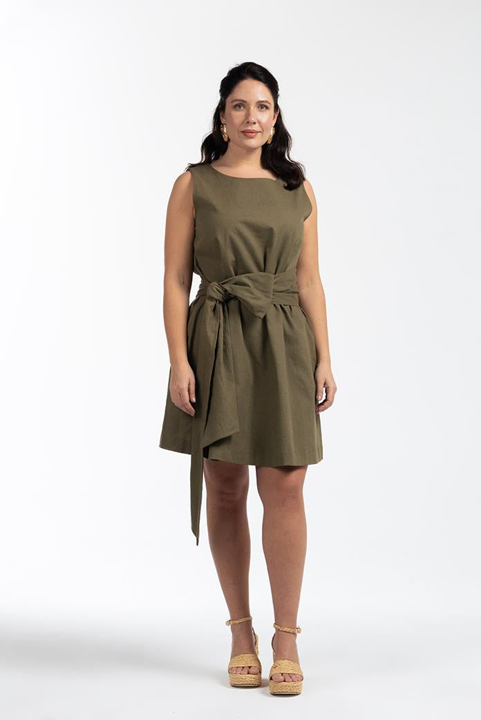 FLOWY Yuvarlak Yaka Pamuklu Büyük Beden Mini Keten Elbise Haki | Luokk