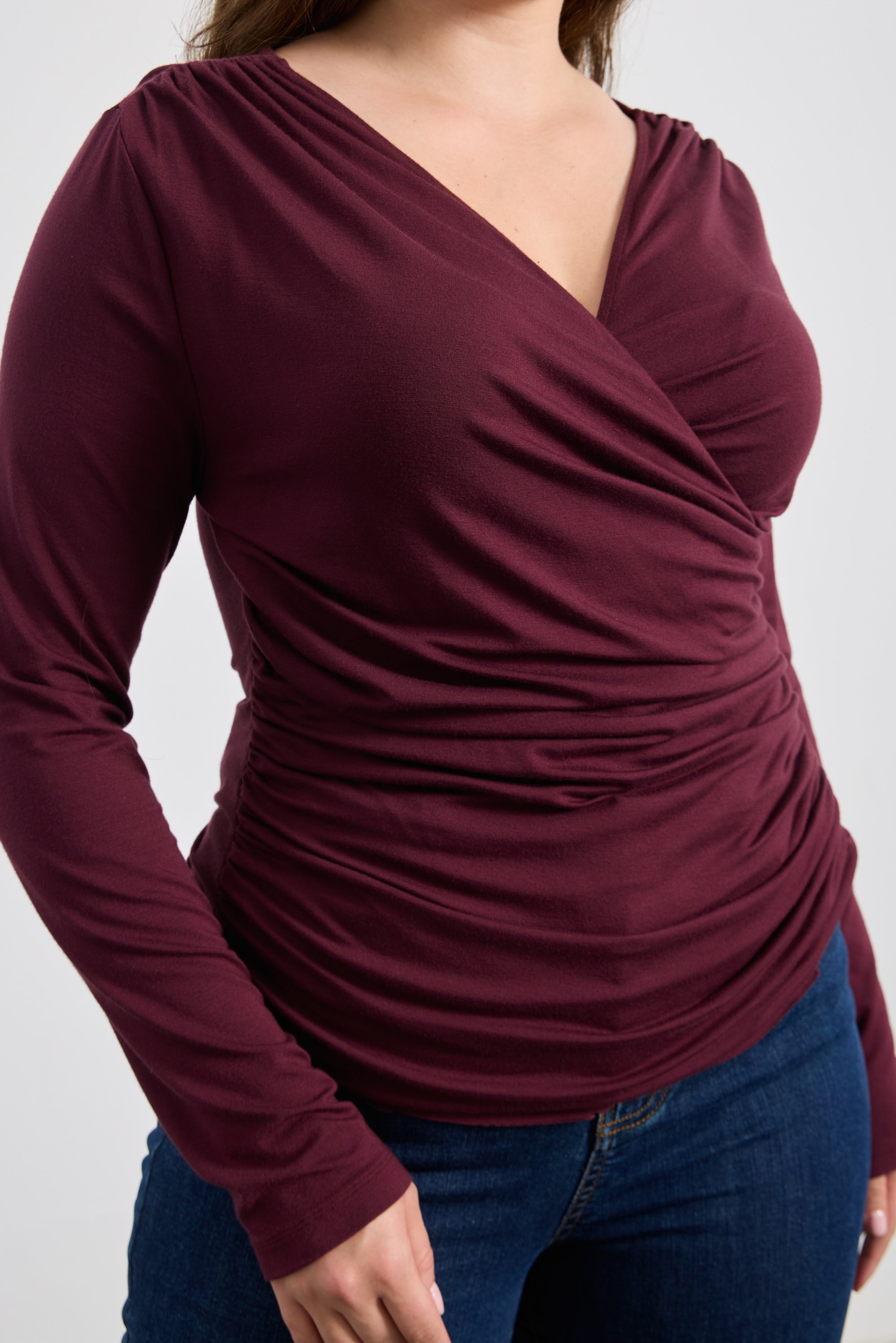 FORMAN V Yaka Uzun Kollu Drapeli Büyük Beden Bluz Bordo