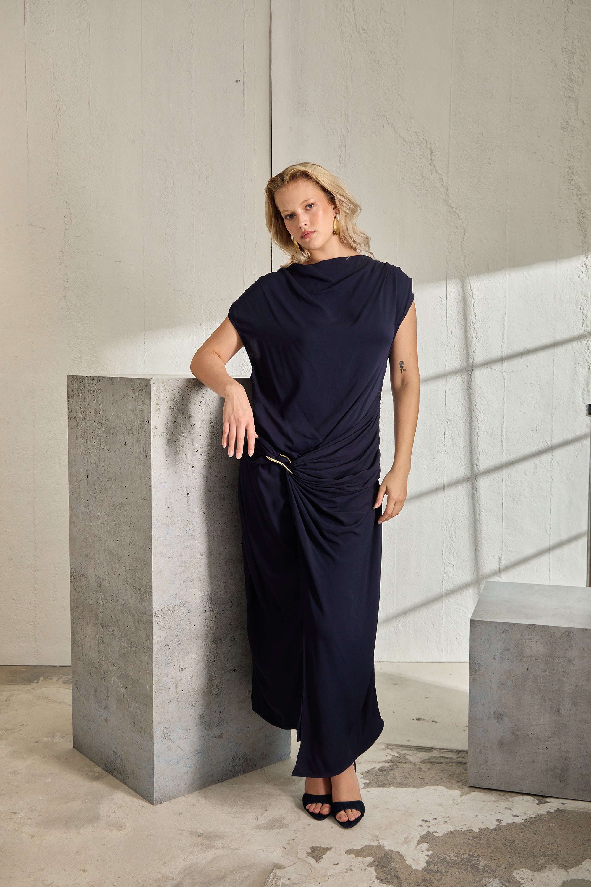 GISELLE Plus Size Draped Navy Midi Dress
