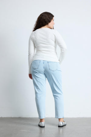 INES V Yaka Düğüm Detaylı Uzun Kollu Büyük Beden Bluz Krem | Luokk