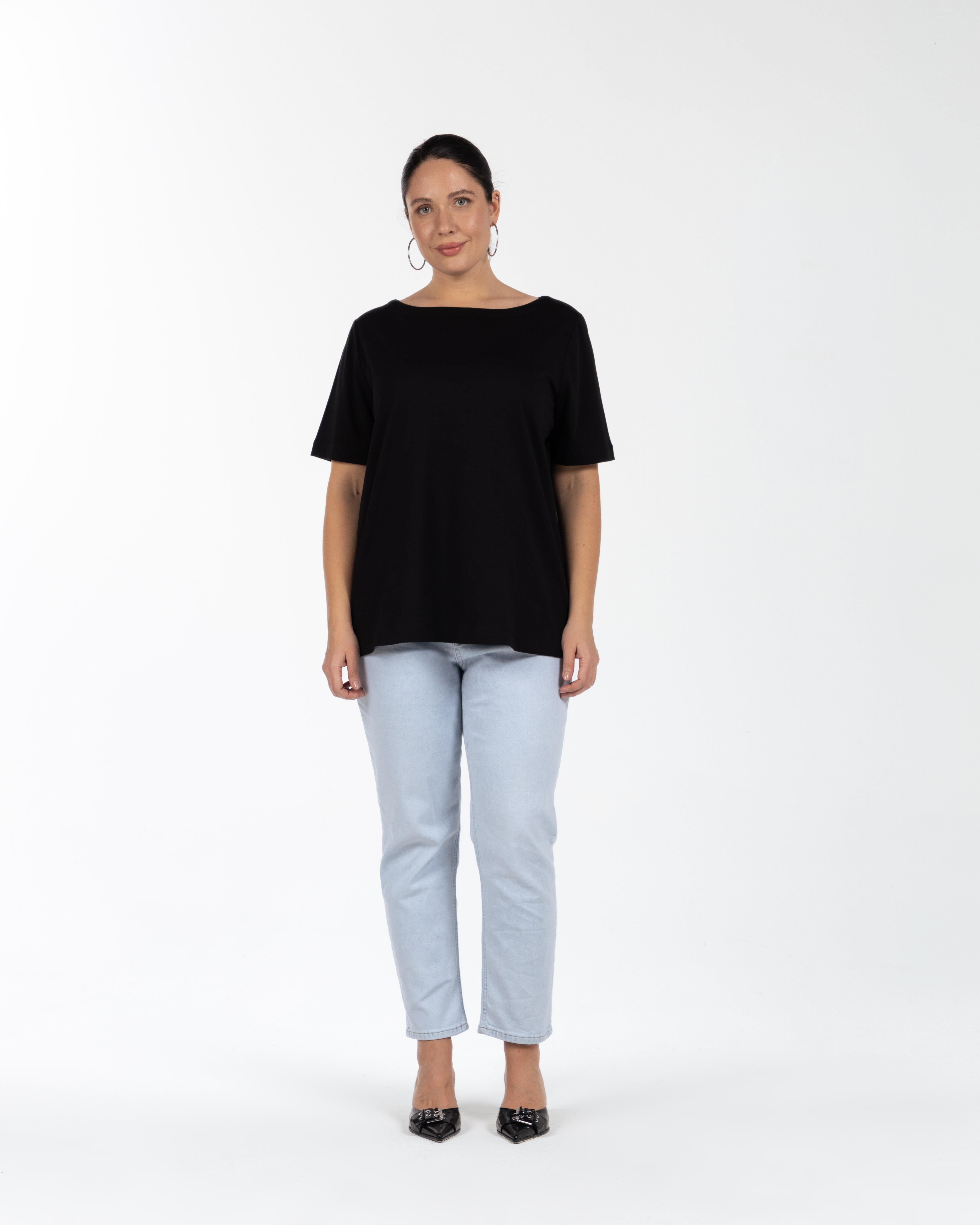 JENNY Kayık Yaka %100 Organik Pamuk Büyük Beden T-shirt Siyah | Luokk