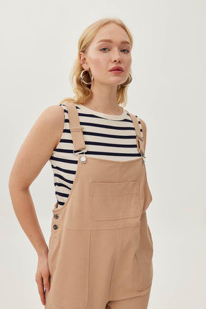 JOEY Pamuklu Cep Detaylı Likralı Büyük Beden Salopet Tulum Bej | Luokk