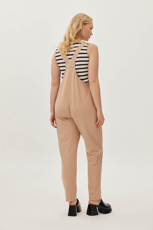 JOEY Pamuklu Cep Detaylı Likralı Büyük Beden Salopet Tulum Bej | Luokk