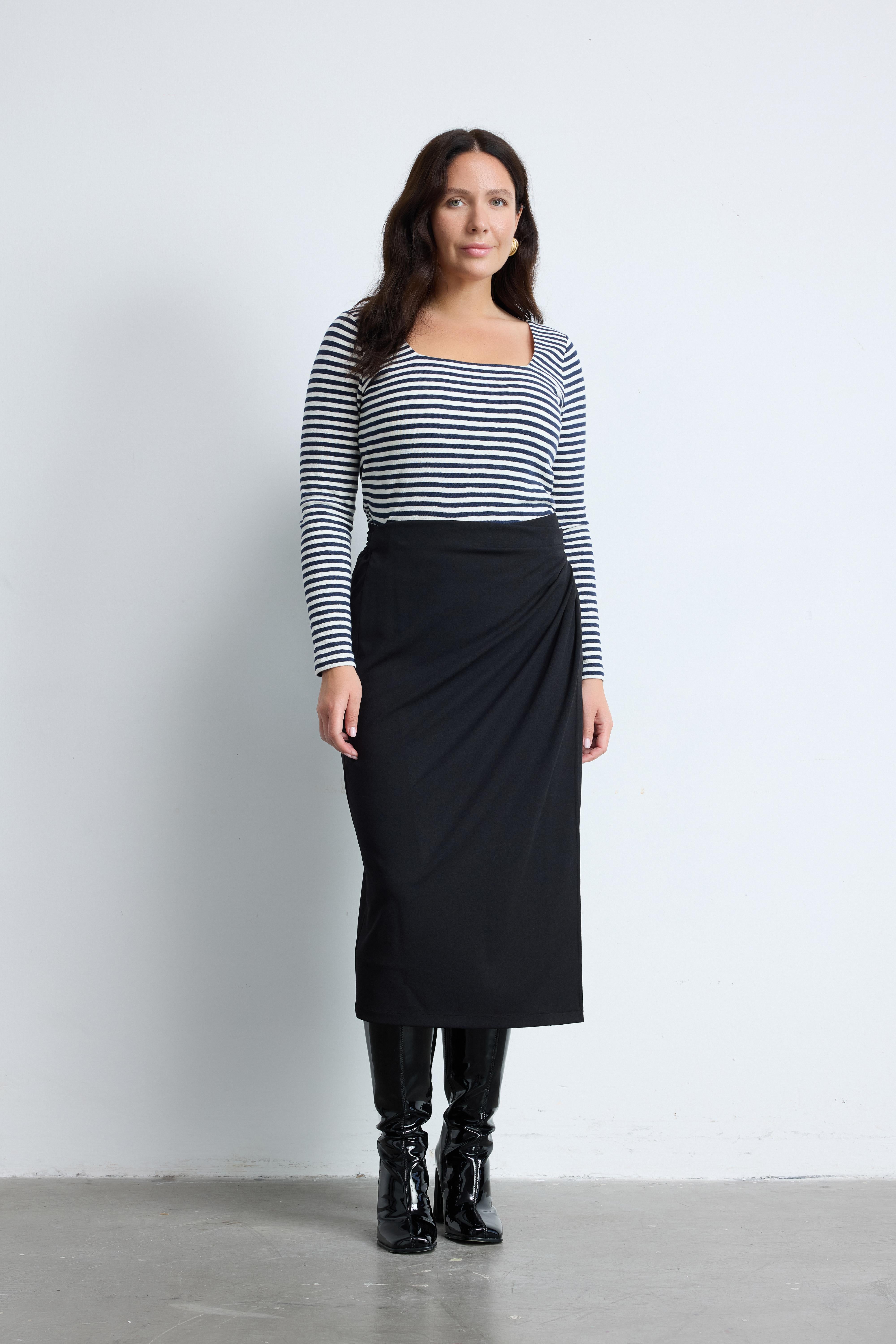 KASA Kare Yaka %100 Pamuk Çizgili Bluz Lacivert-Beyaz | Luokk