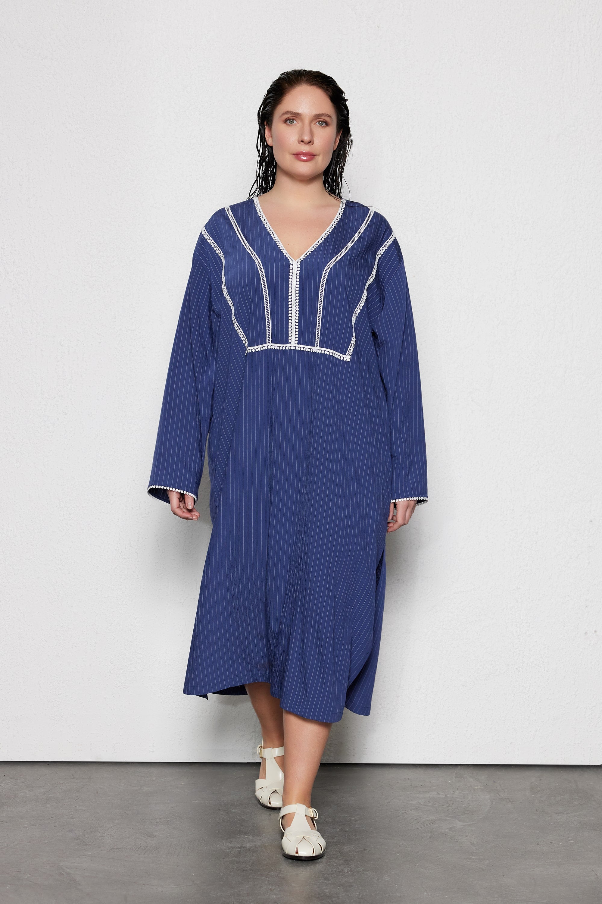 KIEREL Plus Size Striped Midi Kaftan Dress