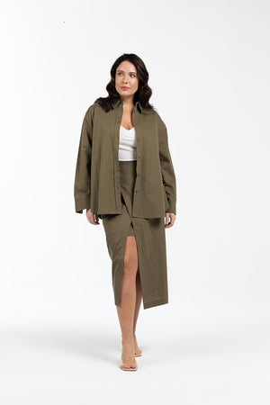 KINSEY Pamuklu Büyük Beden Keten Gömlek Haki | Luokk