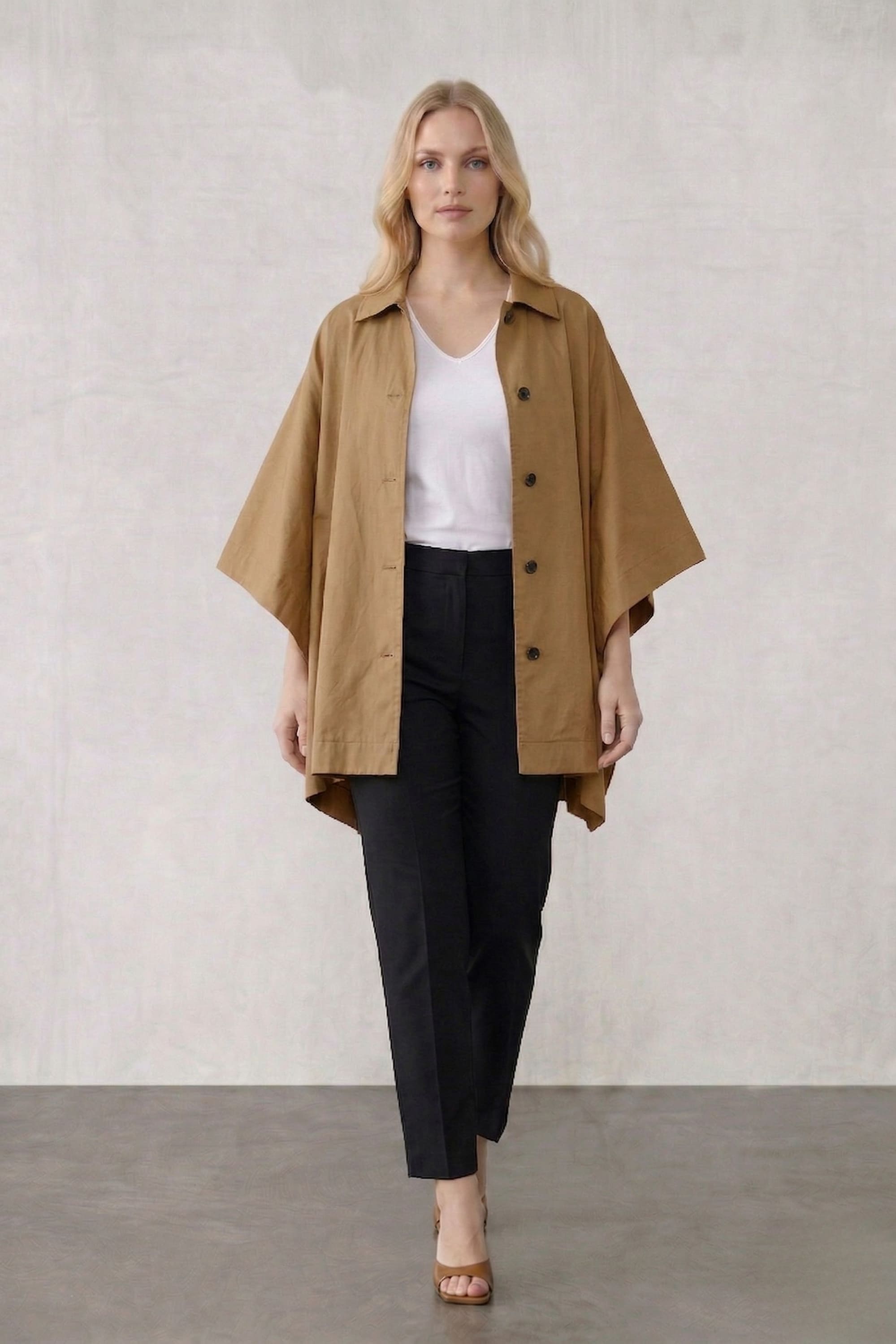 KRIS Su Geçirmez Pelerin Detaylı Büyük Beden Trençkot Camel