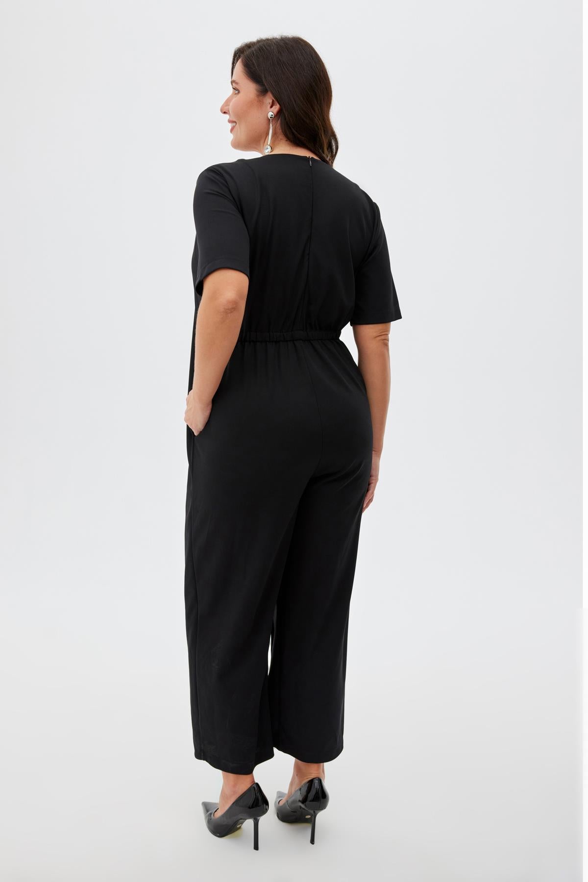 LAUREL Bisiklet Yaka Önden Bağlamalı Yelek Görünüm Detaylı Beli Lastikli Büyük Beden Tulum Siyah | Luokk