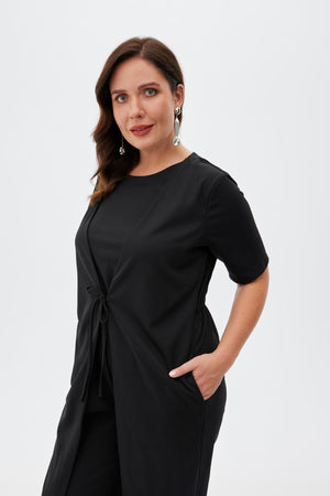 LAUREL Bisiklet Yaka Önden Bağlamalı Yelek Görünüm Detaylı Beli Lastikli Büyük Beden Tulum Siyah | Luokk