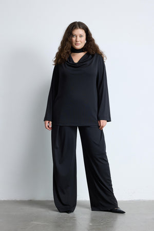 LESS Şal Detaylı Yaka Uzun Kollu Dökümlü Büyük Beden Bluz Siyah | Luokk