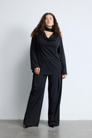 LESS Şal Detaylı Yaka Uzun Kollu Dökümlü Büyük Beden Bluz Siyah | Luokk