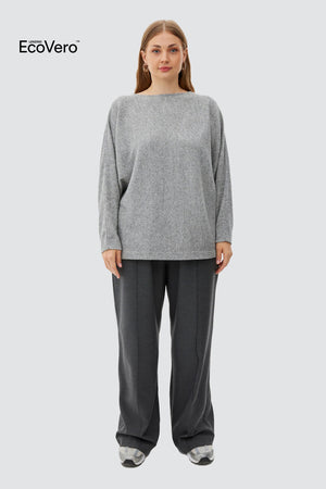 LIVIA Kayık Yaka Yarasa Kol Büyük Beden Kazak Gri-Melanj | Luokk