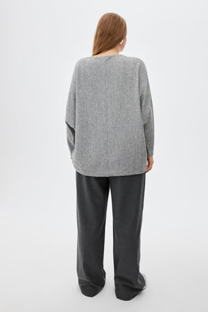 LIVIA Kayık Yaka Yarasa Kol Büyük Beden Kazak Gri-Melanj | Luokk