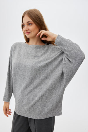 LIVIA Kayık Yaka Yarasa Kol Büyük Beden Kazak Gri-Melanj | Luokk